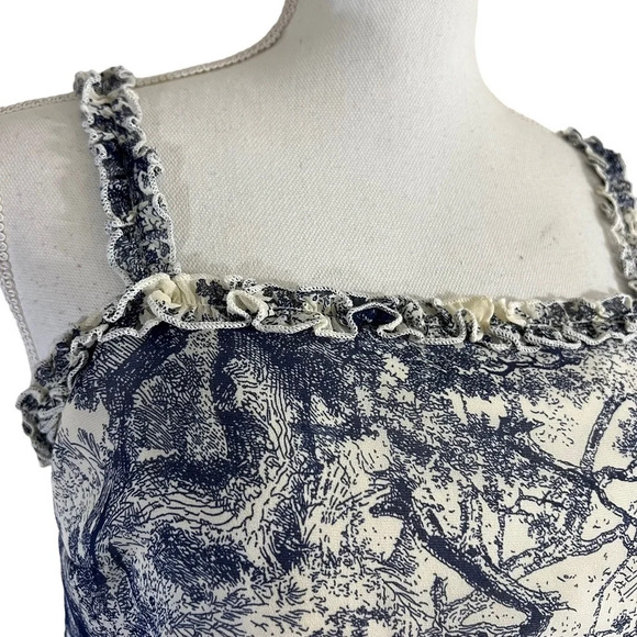 Aqua Blouse Size Small Off White and Blue Jungle Scene Tiger Trees Ruffle Trim - Picture 5 of 7